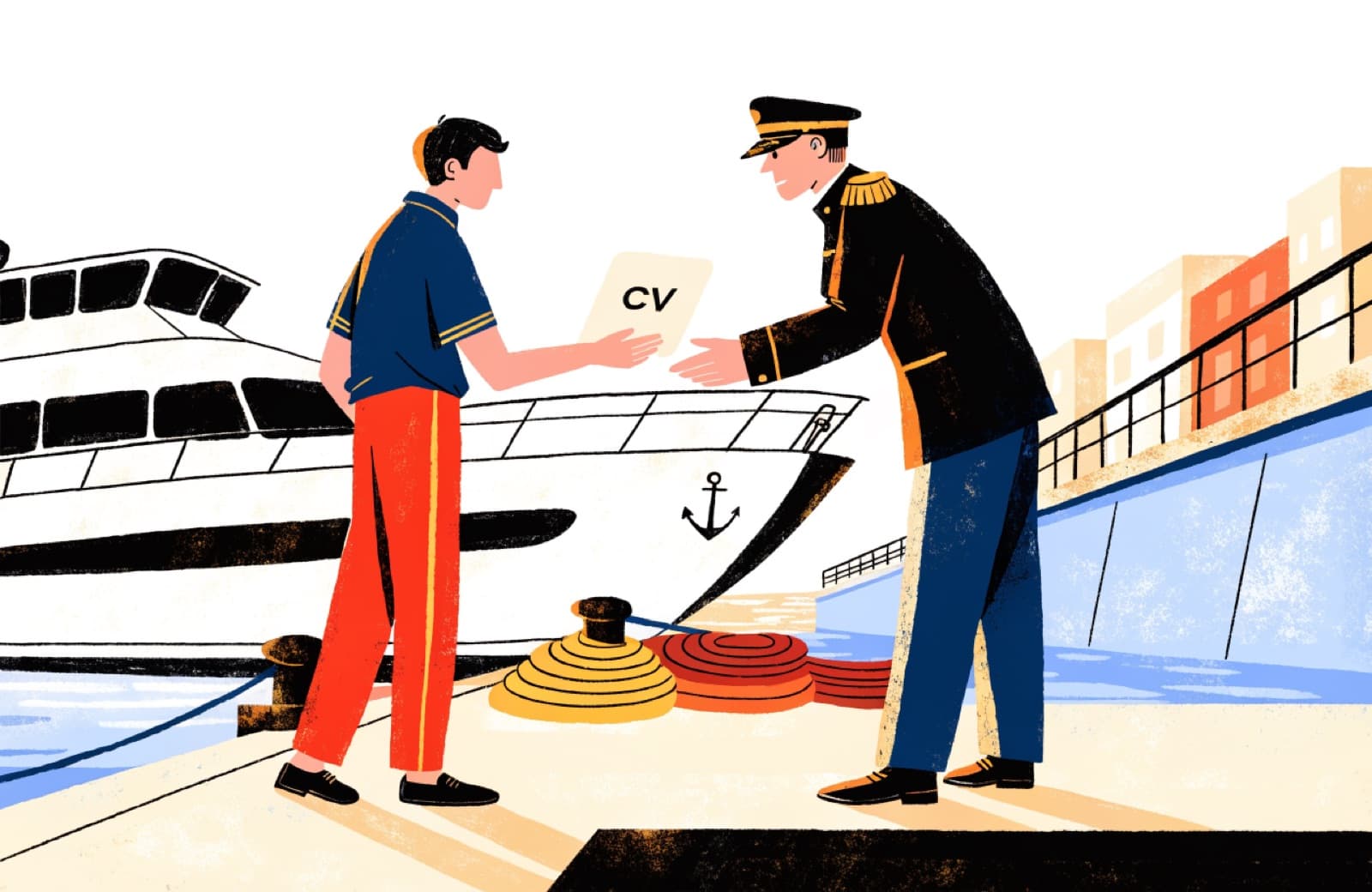 A deckhand hands his CV to a yacht captain on the dock beside a moored superyacht at golden hour.