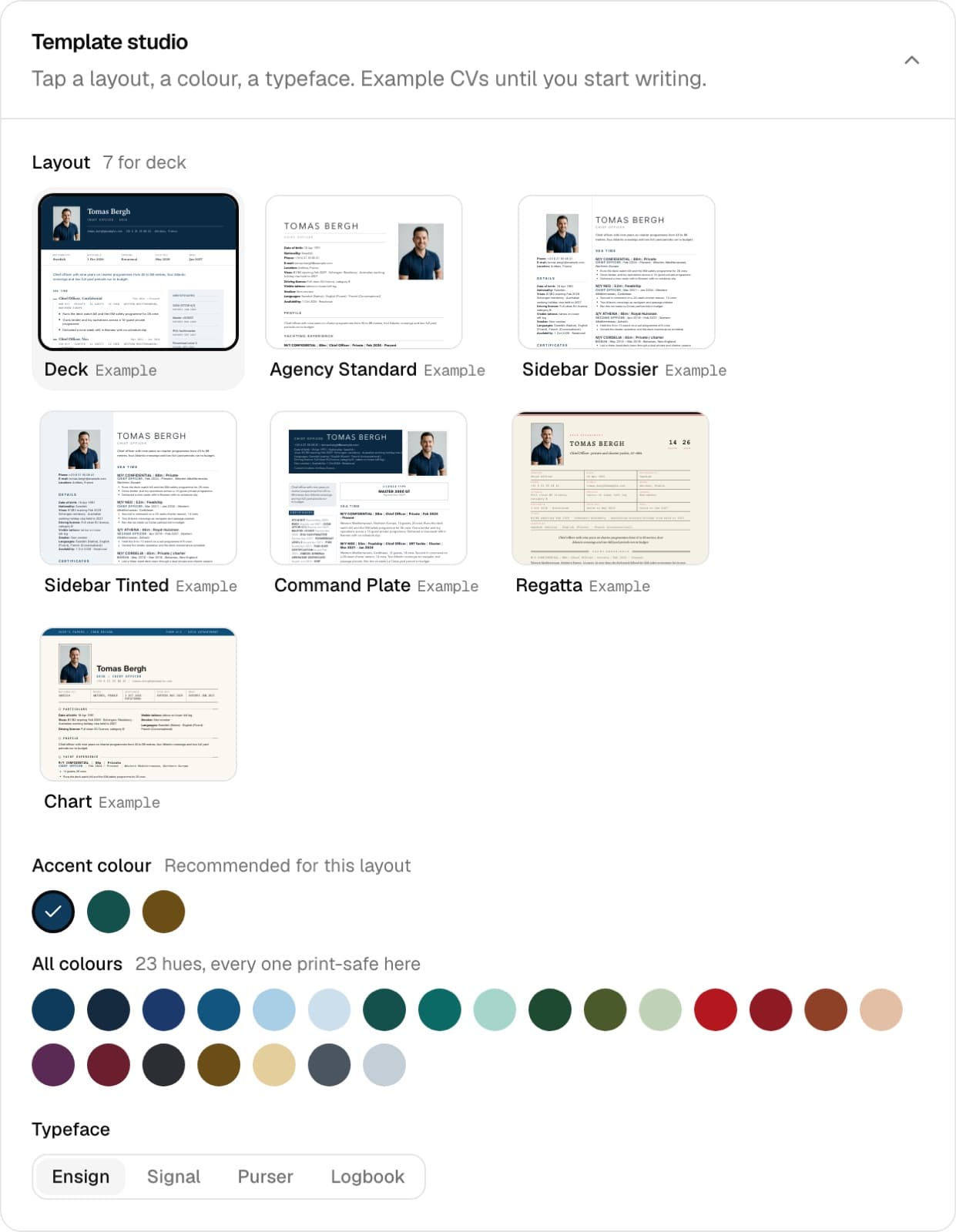 The Template Studio panel: seven live template cards, the recommended accent row, the full 23-hue colour board and the typeface toggle.